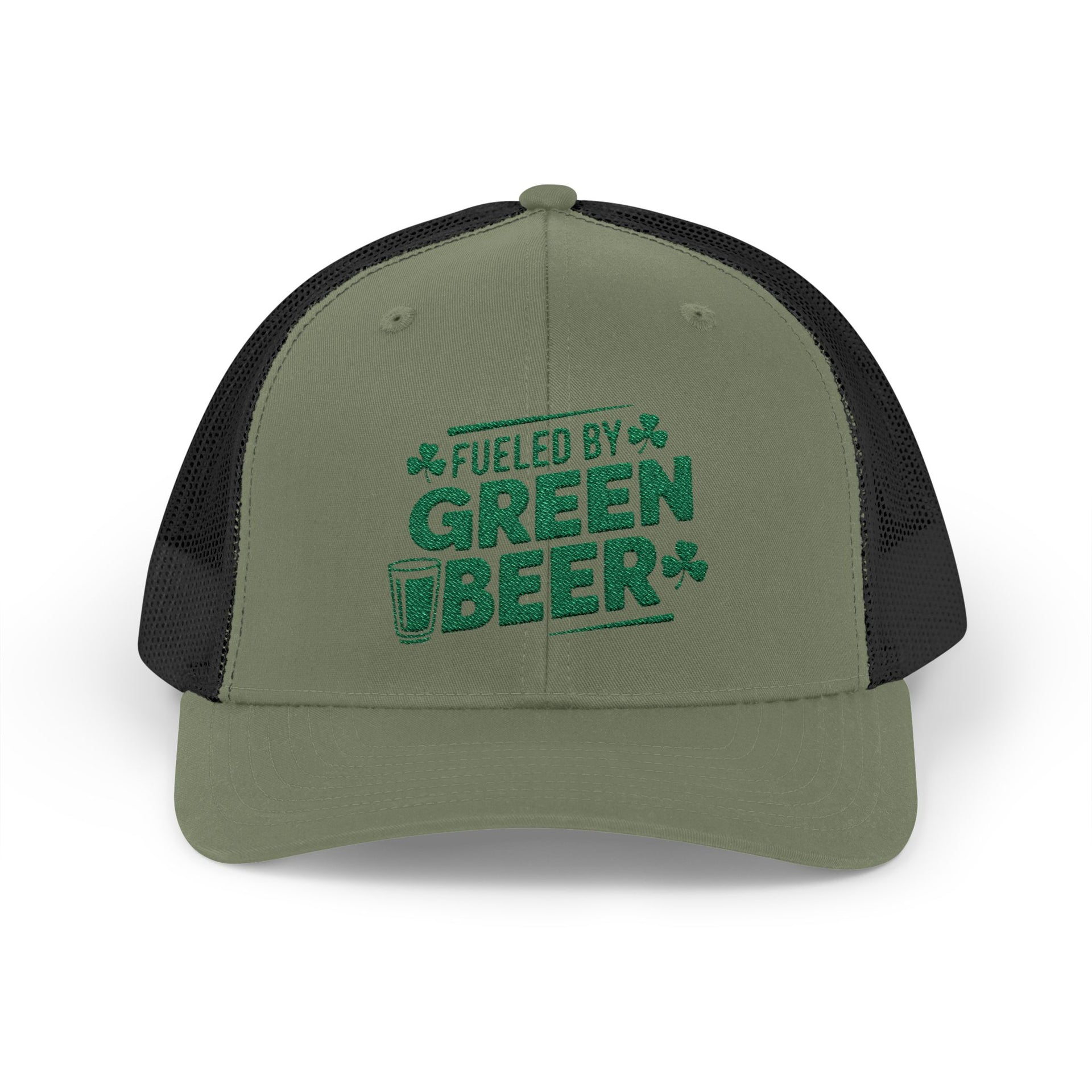 green and black curved trucker hat with the phrase 'Fueled by Green Beer' funny St Patricks Day pub crawl design