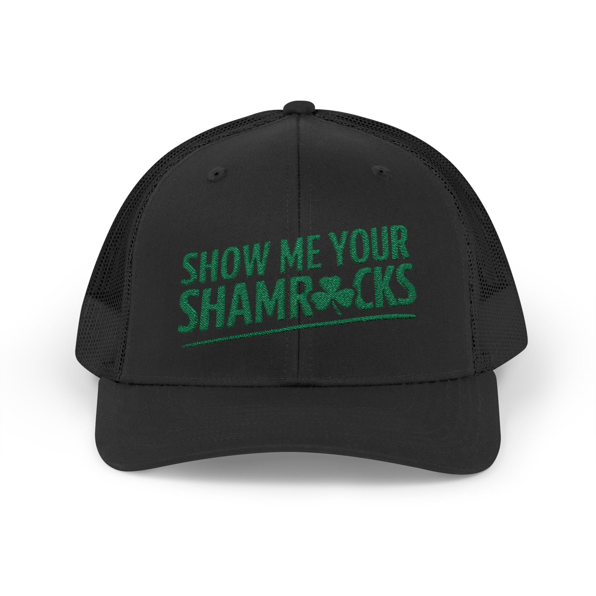 a black curved trucker hat with 'Show Me Your Shamrocks' text funny st patricks day pub crawl design