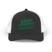 a black and white curved trucker hat with the phrase "Stop Staring at my Shillelagh" funny St Patricks Day pub crawl or parade design