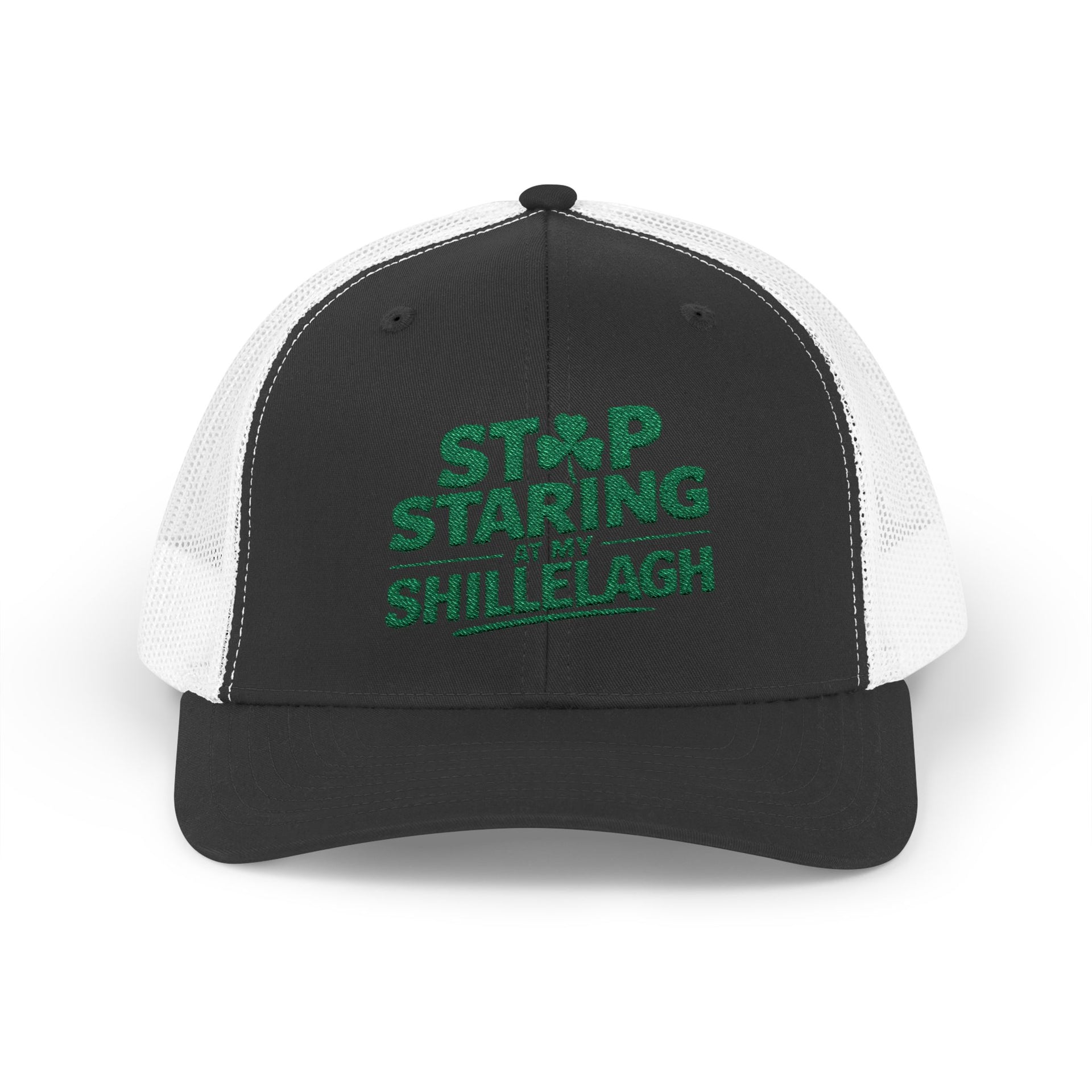 a black and white curved trucker hat with the phrase "Stop Staring at my Shillelagh" funny St Patricks Day pub crawl or parade design