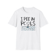 White t-shirt with 'I Pee in Pools' text and graphic on a white background