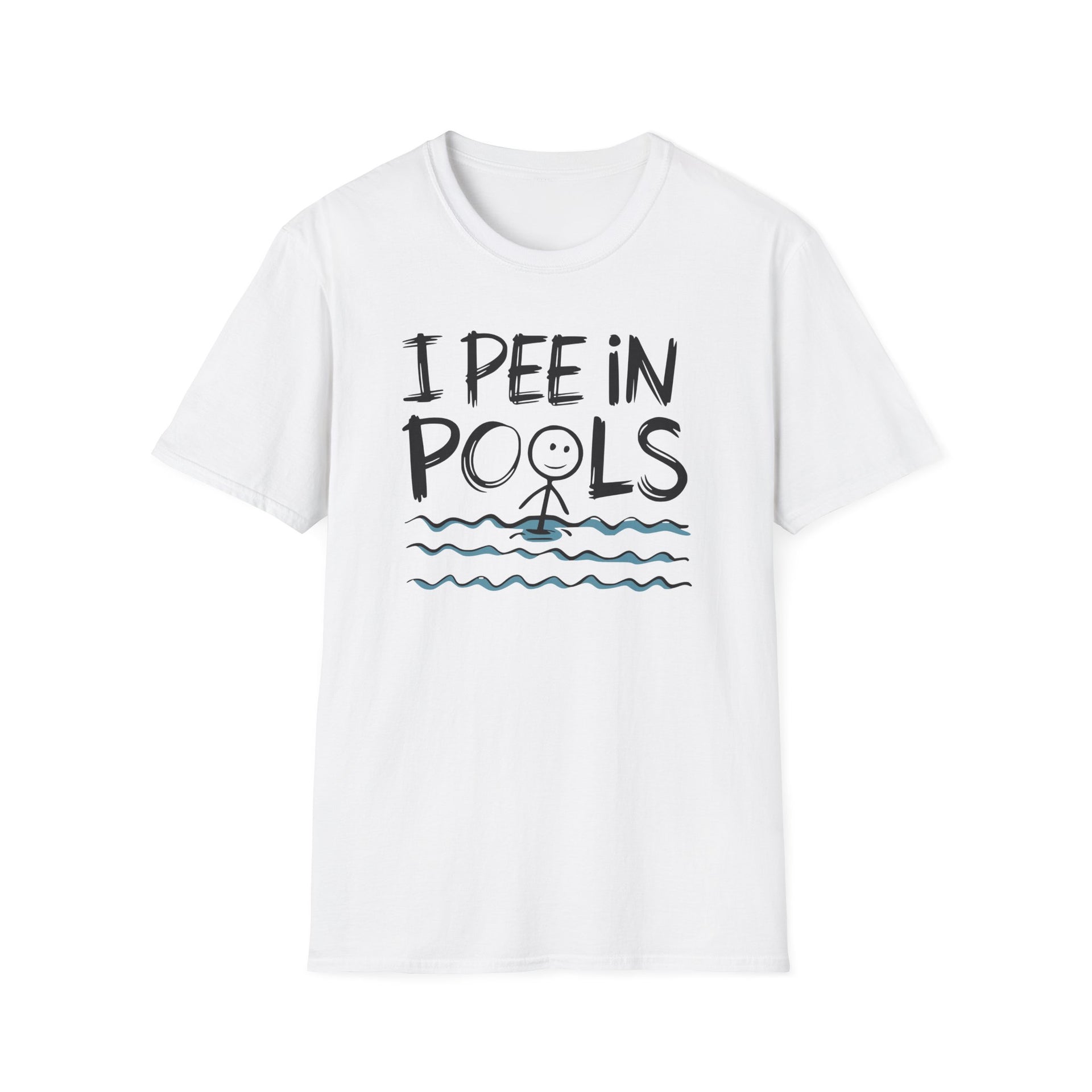 White t-shirt with 'I Pee in Pools' text and graphic on a white background