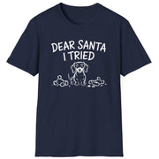 Funny Christmas Dachshund Short Sleeve Shirt with a Dachshund and some torn up toys and the text "Dear Santa I Tried" - Navy Blue