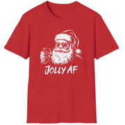 Funny Christmas Humor Short Sleeve Shirt with Santa drinking whiskey and the text "Jolly AF" - Red