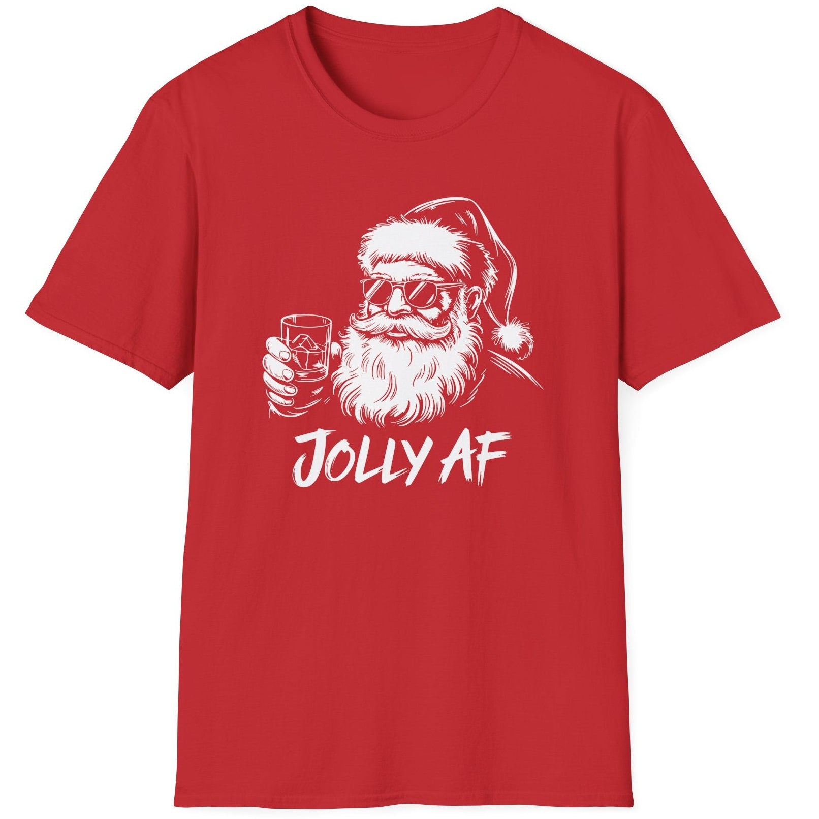 Funny Christmas Humor Short Sleeve Shirt with Santa drinking whiskey and the text "Jolly AF" - Red