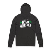 Black hoodie with 'Fueled by Irish Whiskey' text and shamrock design on a white background
