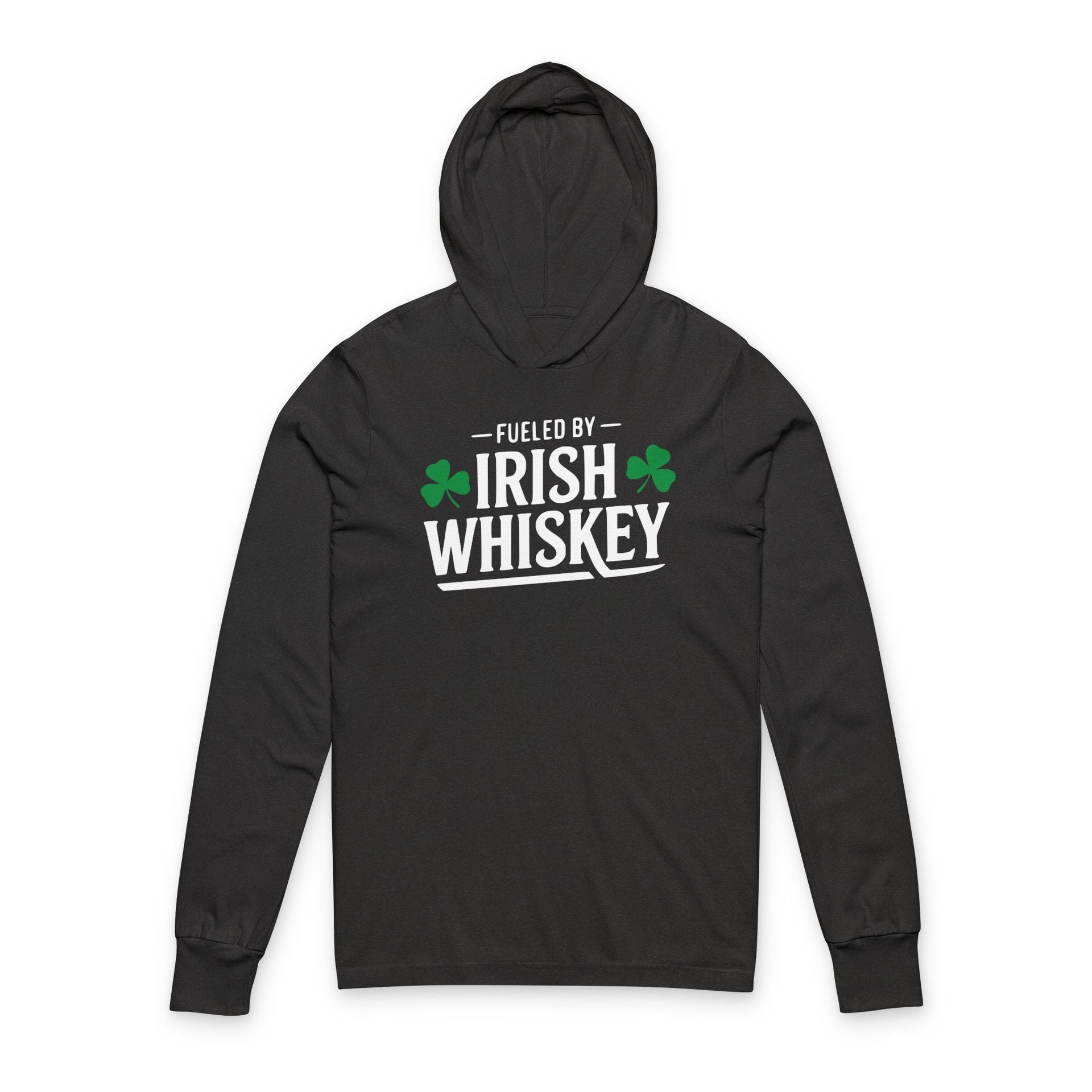 Black hoodie with 'Fueled by Irish Whiskey' text and shamrock design on a white background