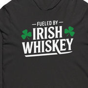 Black hoodie with 'Fueled by Irish Whiskey' text and shamrock design on a white background