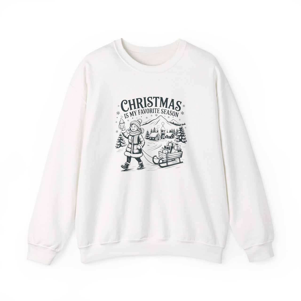 Christmas Is My Favorite Season vintage winter village sweatshirt with cozy retro holiday artwork for a seasonal crewneck