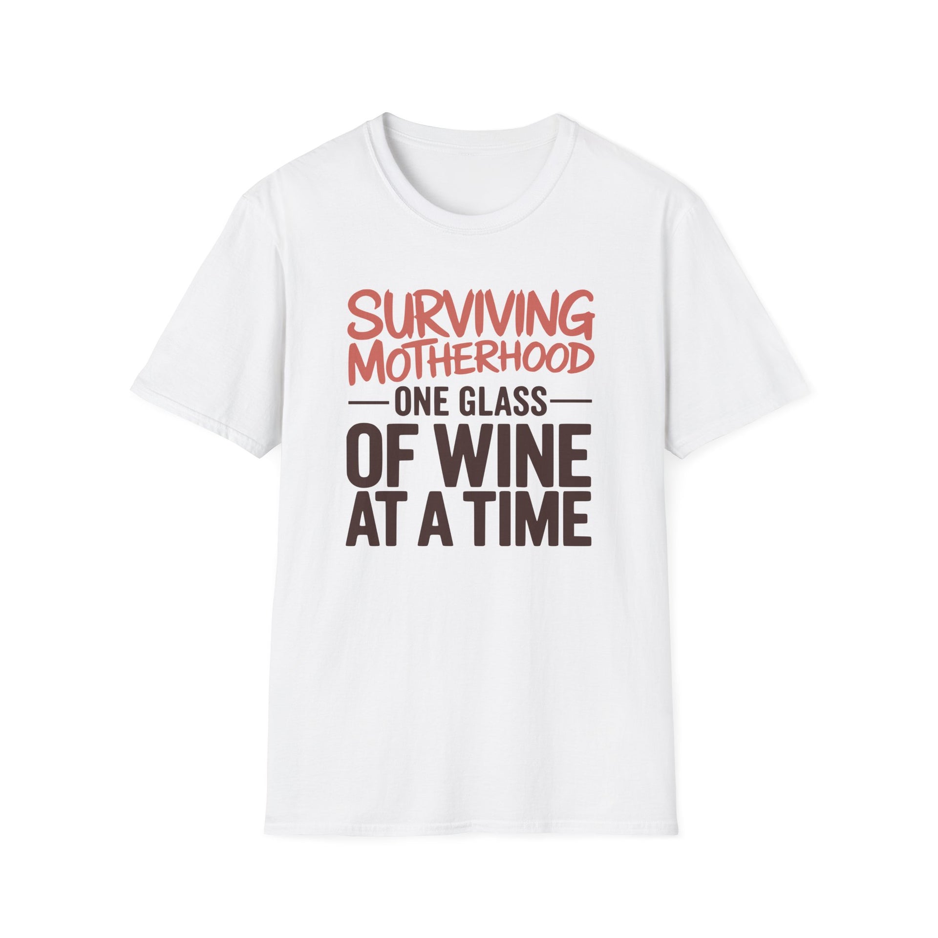 a white t-shirt with the phrase 'Surviving Motherhood One Glass of Wine at a Time' funny Mother's day, beach vacation, spring break design