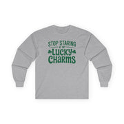 gray long-sleeve shirt with the phrase stop staring at my lucky charms funny st patricks day design