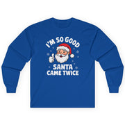 Blue long-sleeve shirt with Santa Claus graphic and text on a white background