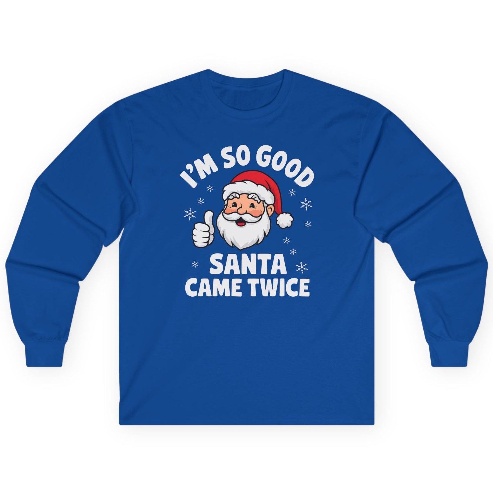 Blue long-sleeve shirt with Santa Claus graphic and text on a white background