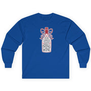 Blue long-sleeve shirt with a graphic design on a white background