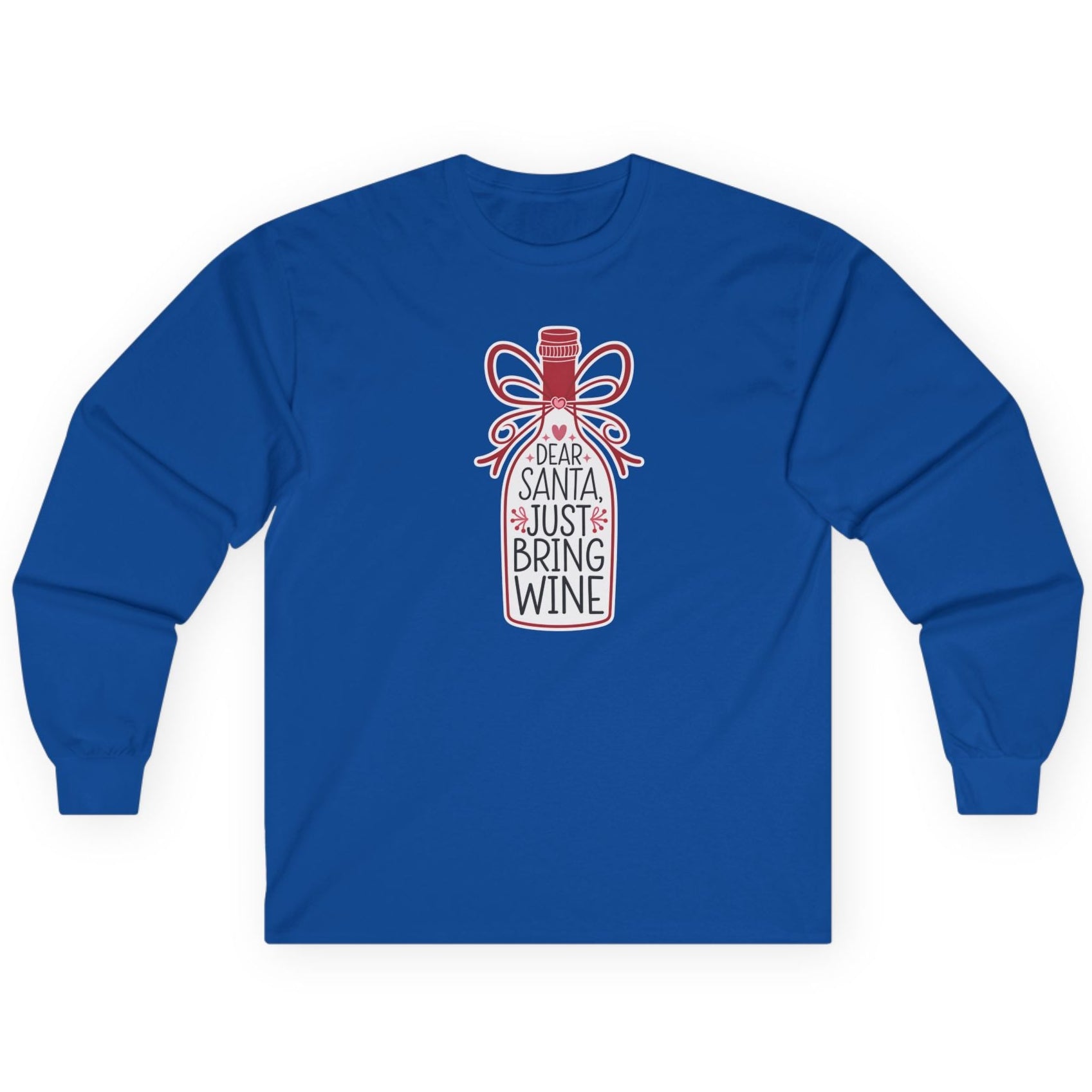 Blue long-sleeve shirt with a graphic design on a white background