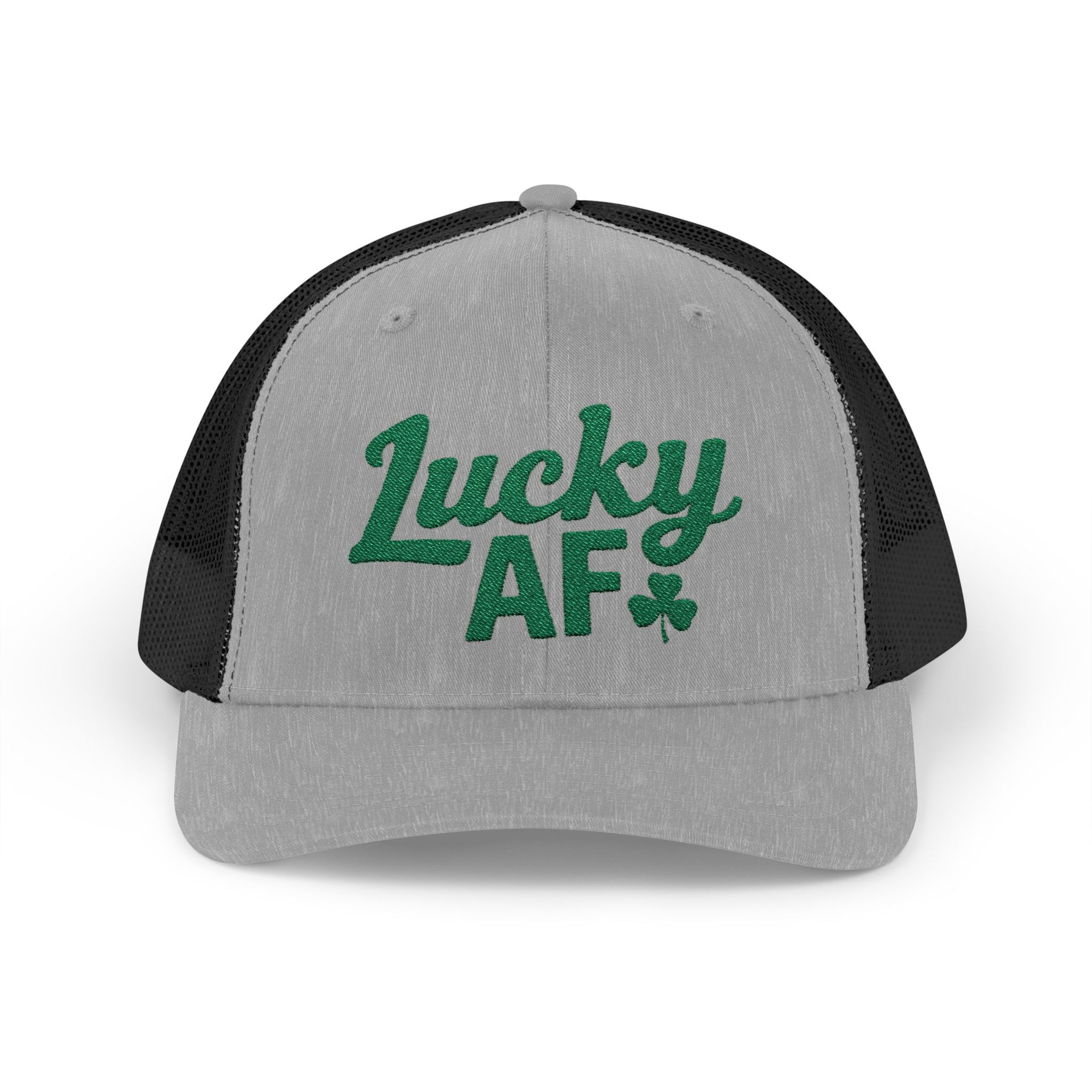  a gray and black curved bill trucker hat with 'Lucky AF' text funny st patricks day pub crawl design