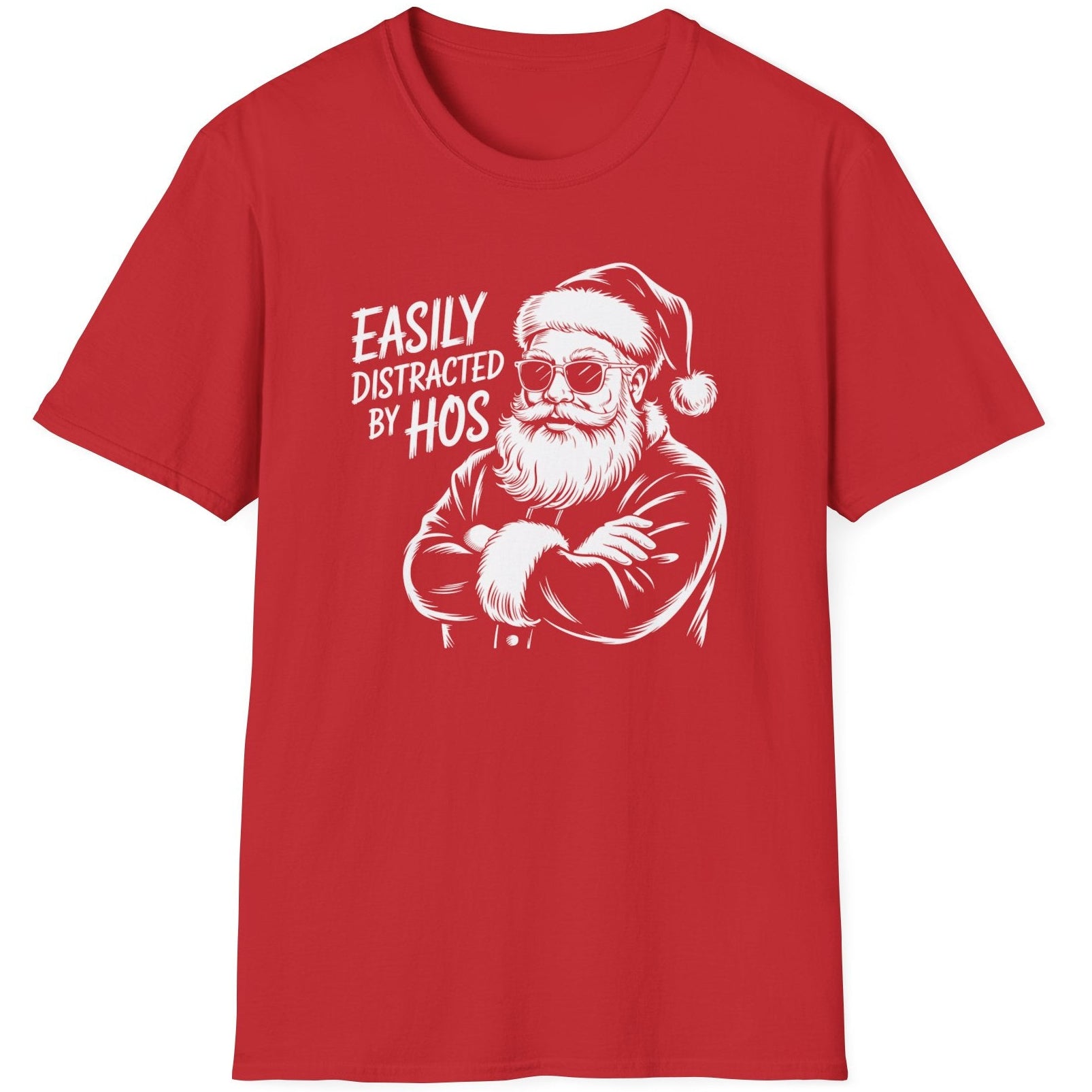 Funny Christmas Humor Short Sleeve Shirt with santa arms corssed and the text and the text "Easily Distracted By Hos" - Red