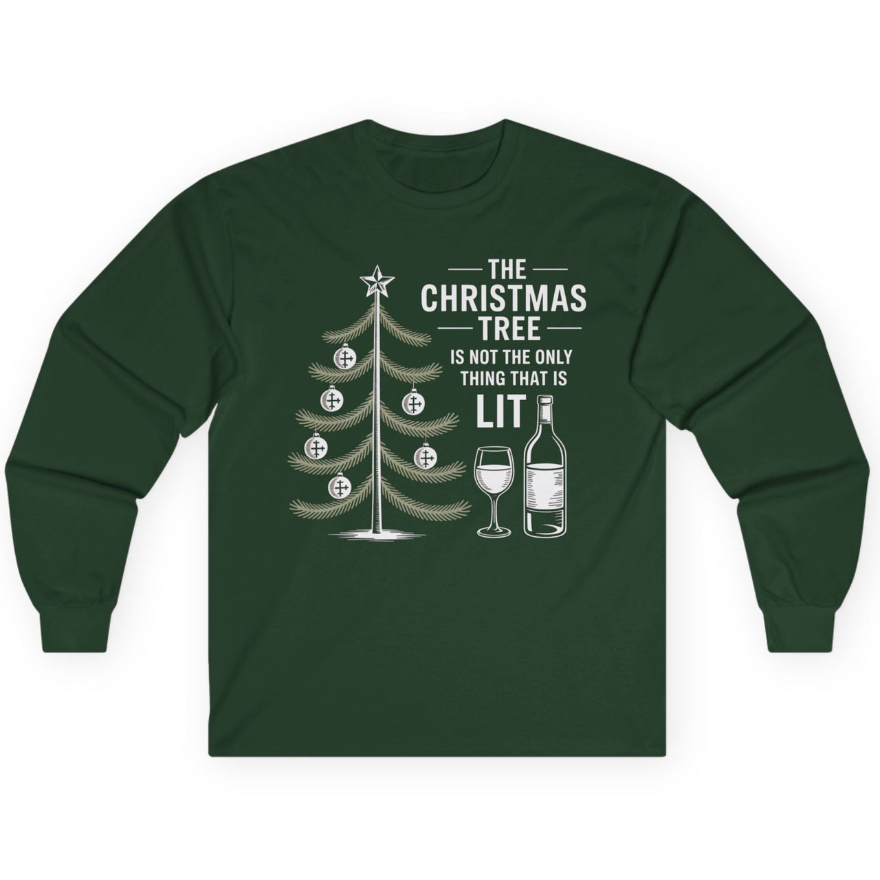 Green long-sleeve shirt with Christmas tree and wine graphic on a white background