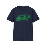 navy t-shirt with the phrase "I'm here for the shenanigans" funny st patricks day design