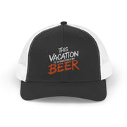 a black and white embroidered trucker cap  with text 'This vacation is sponsored by beer' funny spring break, beach vacation, lake season design