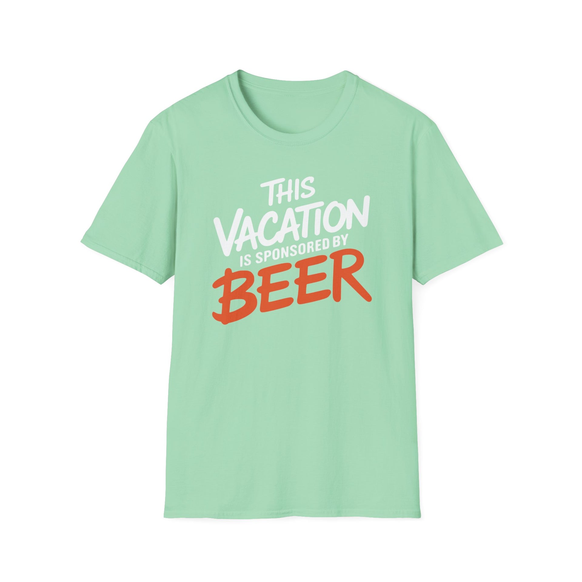 a mint soft-style cotton t-shirt with 'This Vacation is Sponsored by Beer' text funny spring break, beach trip, girls trip, summer vacation design