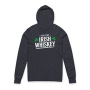 Navy hoodie with 'Fueled by Irish Whiskey' text and shamrock design on a white background