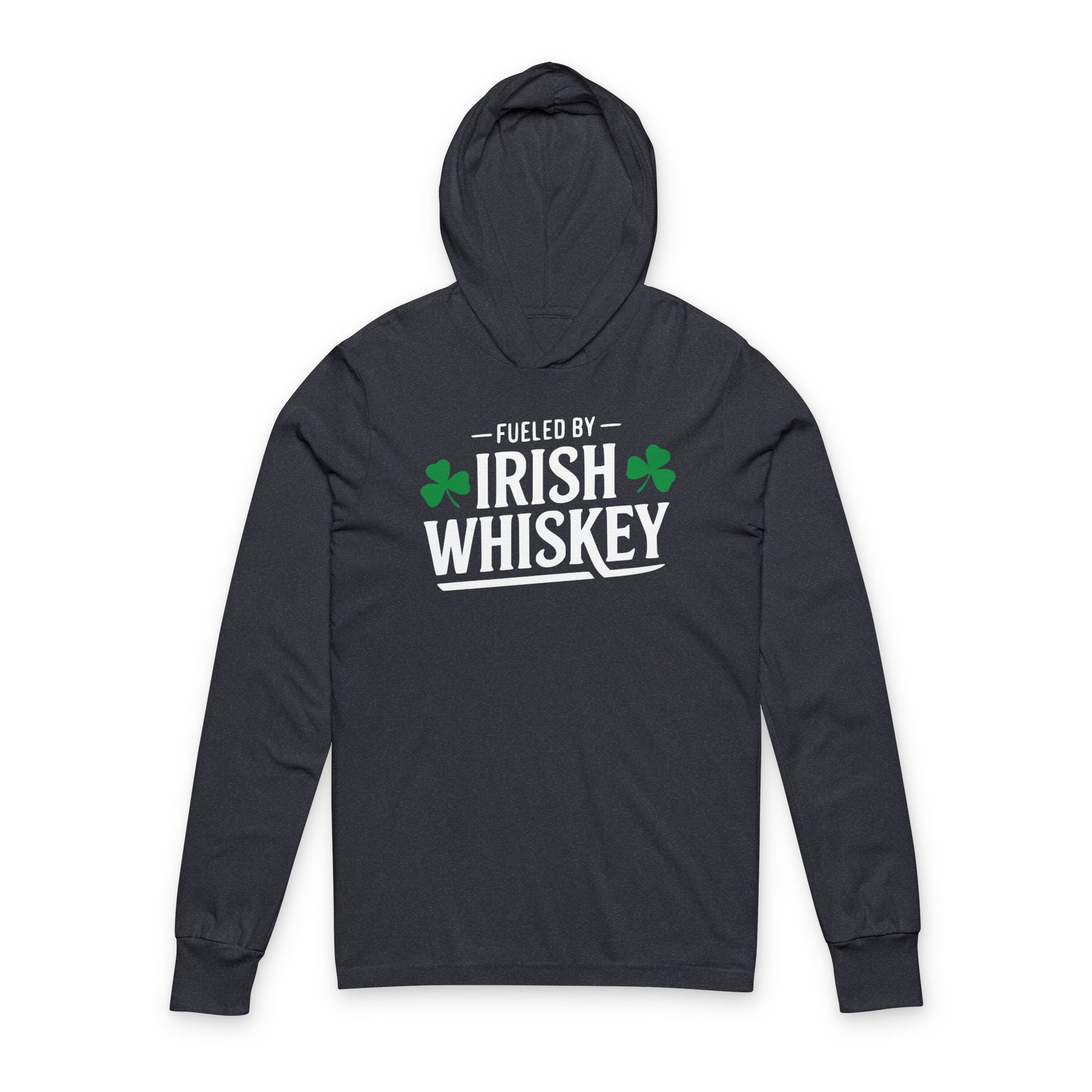 Navy hoodie with 'Fueled by Irish Whiskey' text and shamrock design on a white background