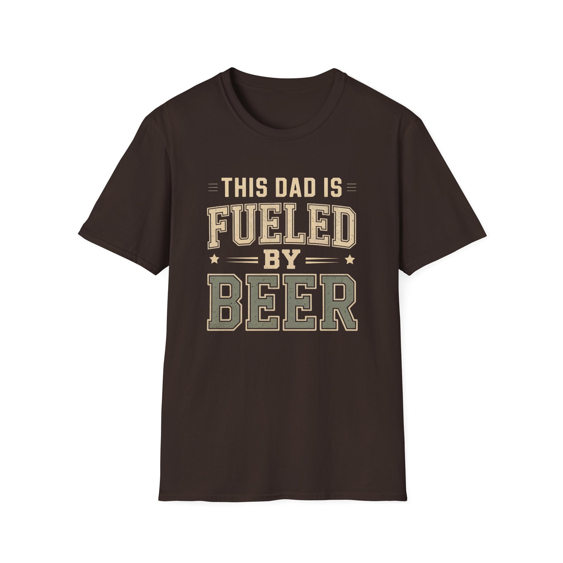 a brown t-shirt with 'This Dad is Fueled by Beer' text funny father's day gift