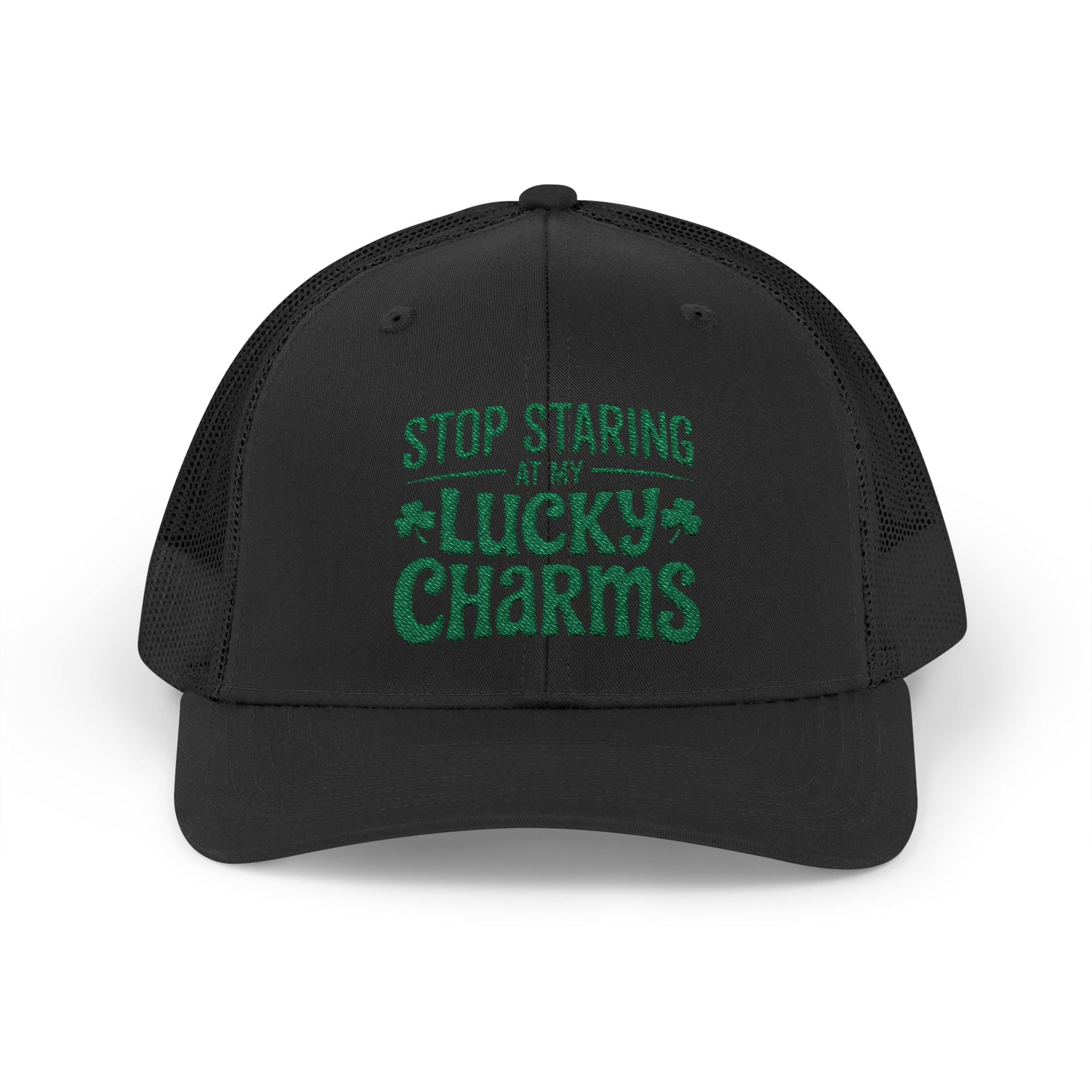 a black curved trucker hat with the phrase Stop Staring at My Lucky Charms funny St Patricks Day pub crawl or parade design