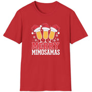 Red t-shirt  t-shirt with 'Merry Mimosamas' design featuring champagne glasses and Santa hats funny christmas sweater