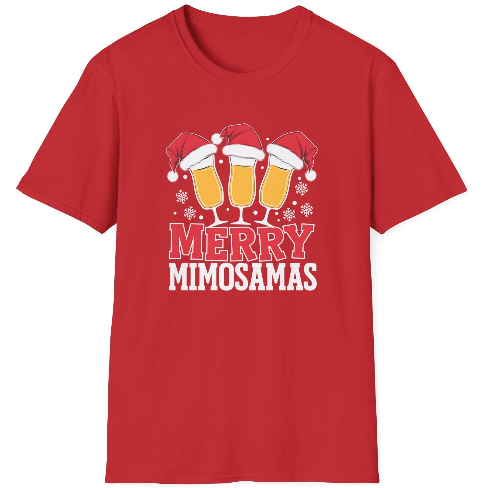 Red t-shirt  t-shirt with 'Merry Mimosamas' design featuring champagne glasses and Santa hats funny christmas sweater
