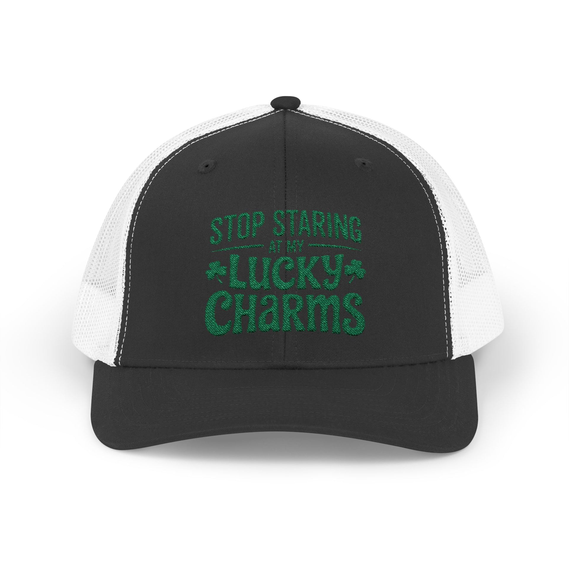 a black and white curved trucker hat with the phrase Stop Staring at My Lucky Charms funny St Patricks Day pub crawl or parade design
