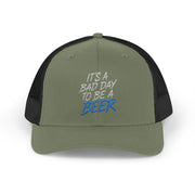  a green and black trucker hat with teh phrase its a bad day to be a beer funny spring break, guys trip, girls trip, beach trip, lake season design