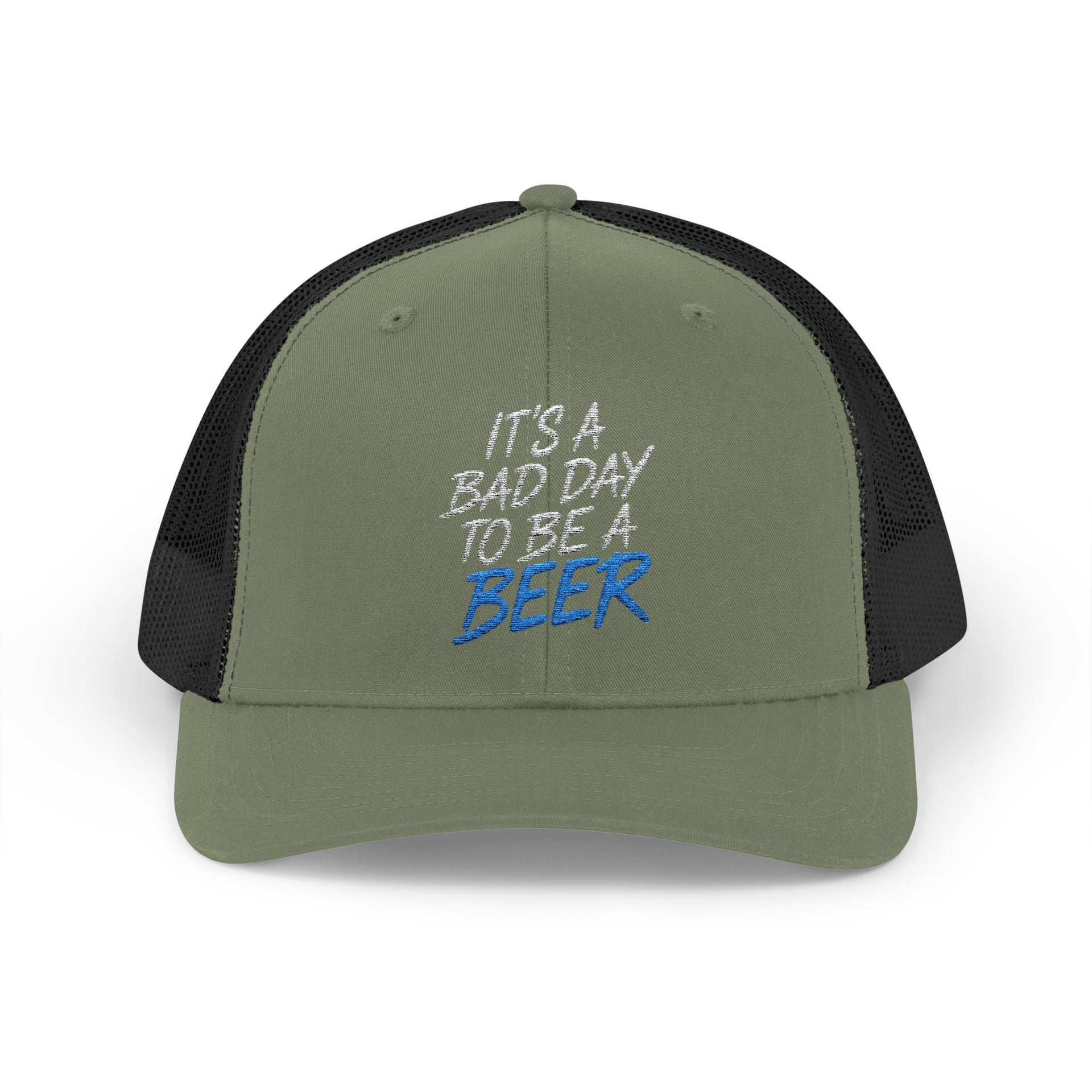  a green and black trucker hat with teh phrase its a bad day to be a beer funny spring break, guys trip, girls trip, beach trip, lake season design