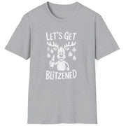 Funny Christmas Drinking Short Sleeve Shirt with a reindeer holding a beer with ornaments draped from his antlers and the text "Let's Get Blitzened" - Sport Grey