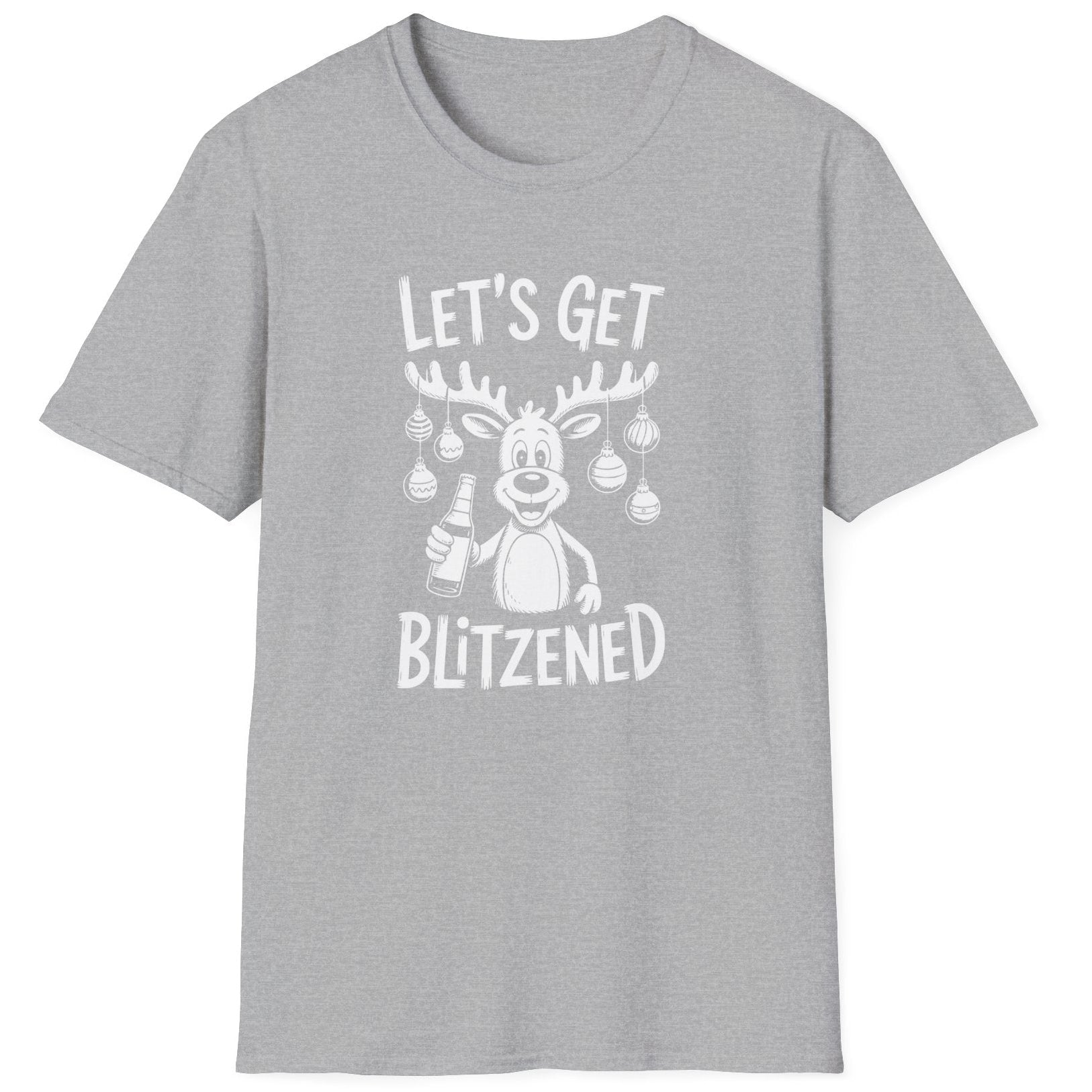 Funny Christmas Drinking Short Sleeve Shirt with a reindeer holding a beer with ornaments draped from his antlers and the text "Let's Get Blitzened" - Sport Grey