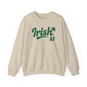 Beige sweatshirt with 'Irish AF' text funny St patricks day design