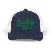 a navy and white curved bill trucker hat with 'Lucky AF' text funny st patricks day pub crawl design