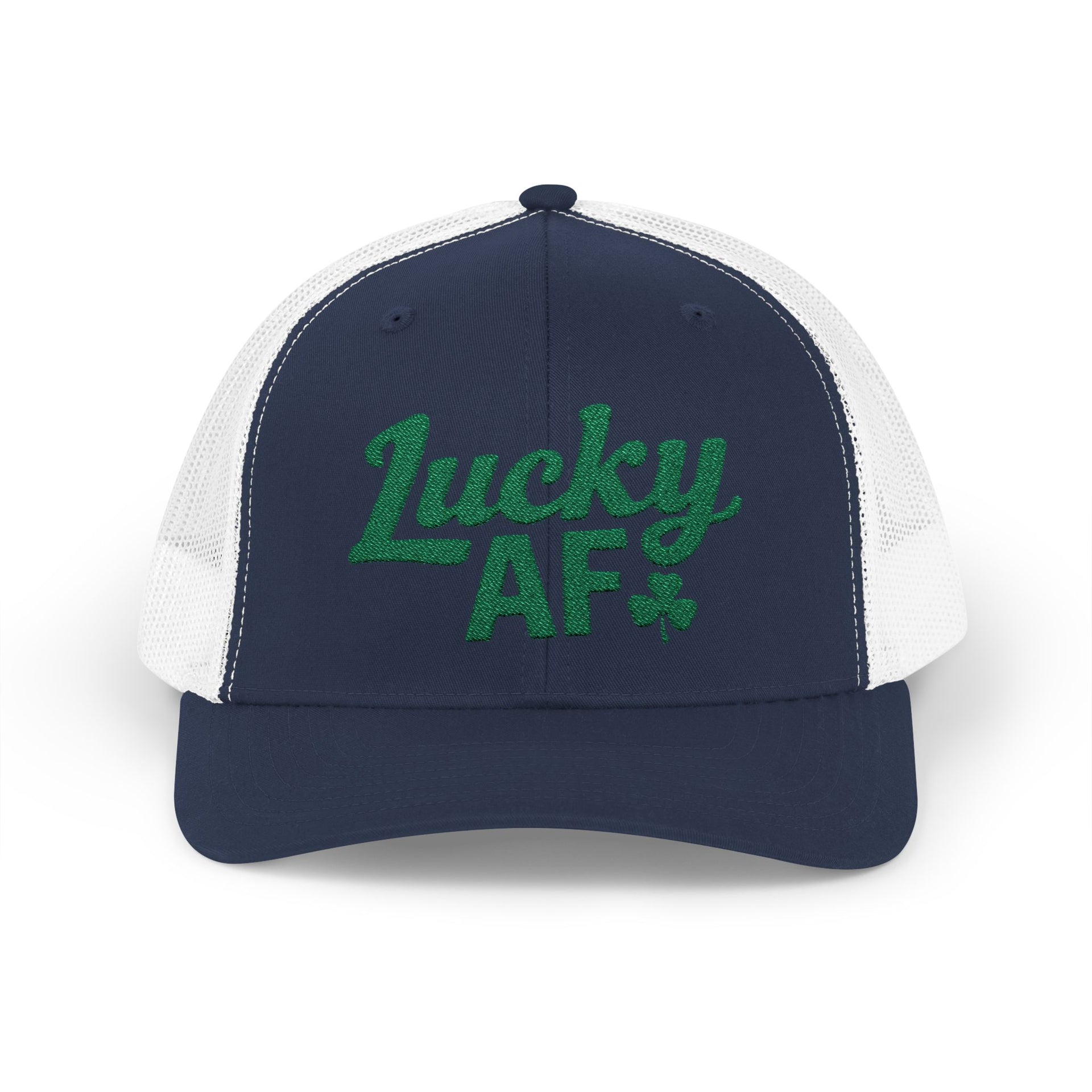 a navy and white curved bill trucker hat with 'Lucky AF' text funny st patricks day pub crawl design