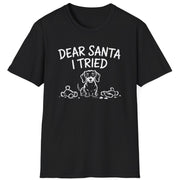 Funny Christmas Dachshund Short Sleeve Shirt with a Dachshund and some torn up toys and the text "Dear Santa I Tried" - Black
