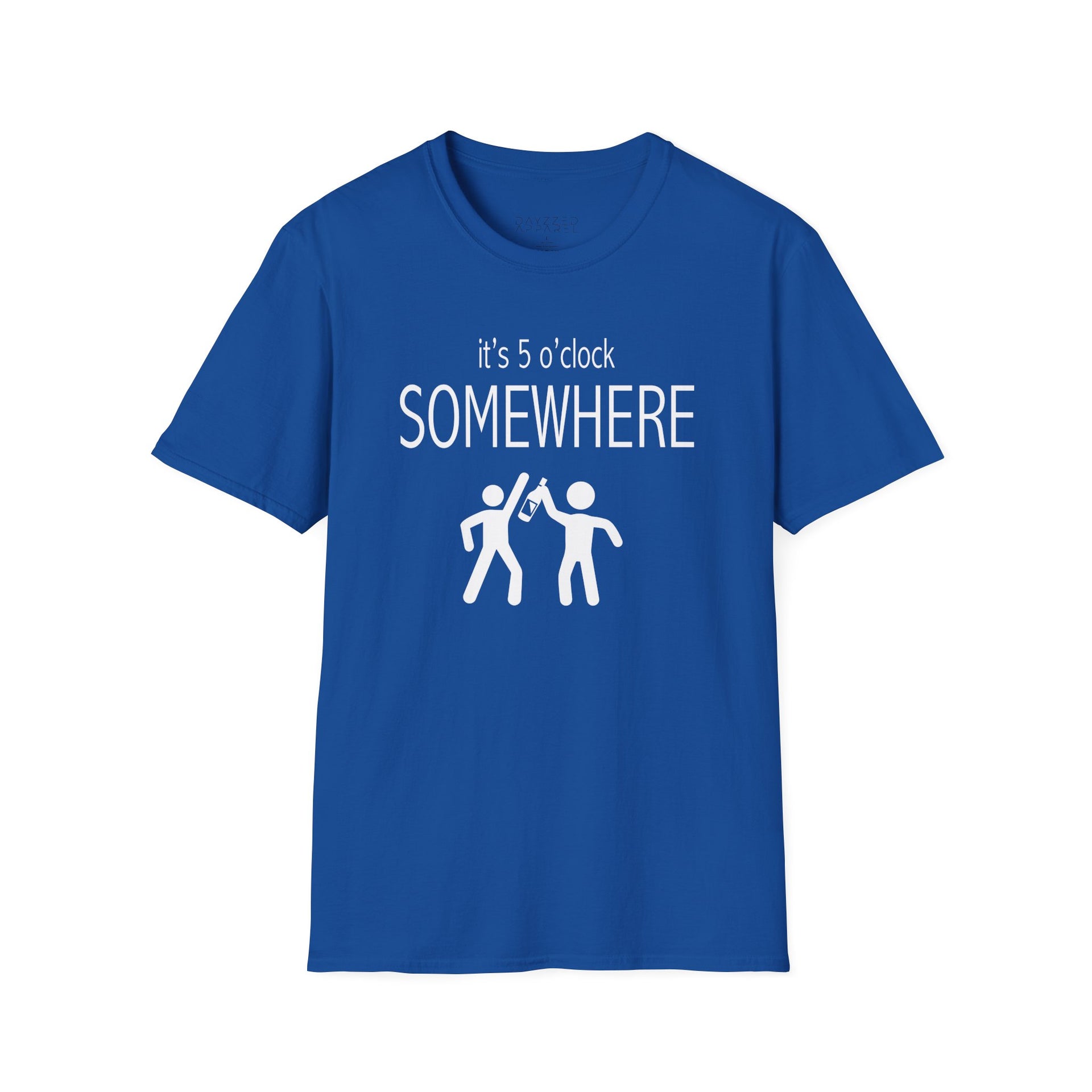 a royal t-shirt with 'it's 5 o'clock SOMEWHERE' text funny day drinking, spring break, summer acation, guys trip or girls trip design
