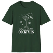 Funny Christmas Drinking  Short Sleeve Shirt with  a cocktail glass with a santa hat on top and the text "It's Beginning to Feel Like Cocktails" - Forest Green