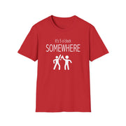 a red t-shirt with 'it's 5 o'clock SOMEWHERE' text funny day drinking, spring break, summer acation, guys trip or girls trip design
