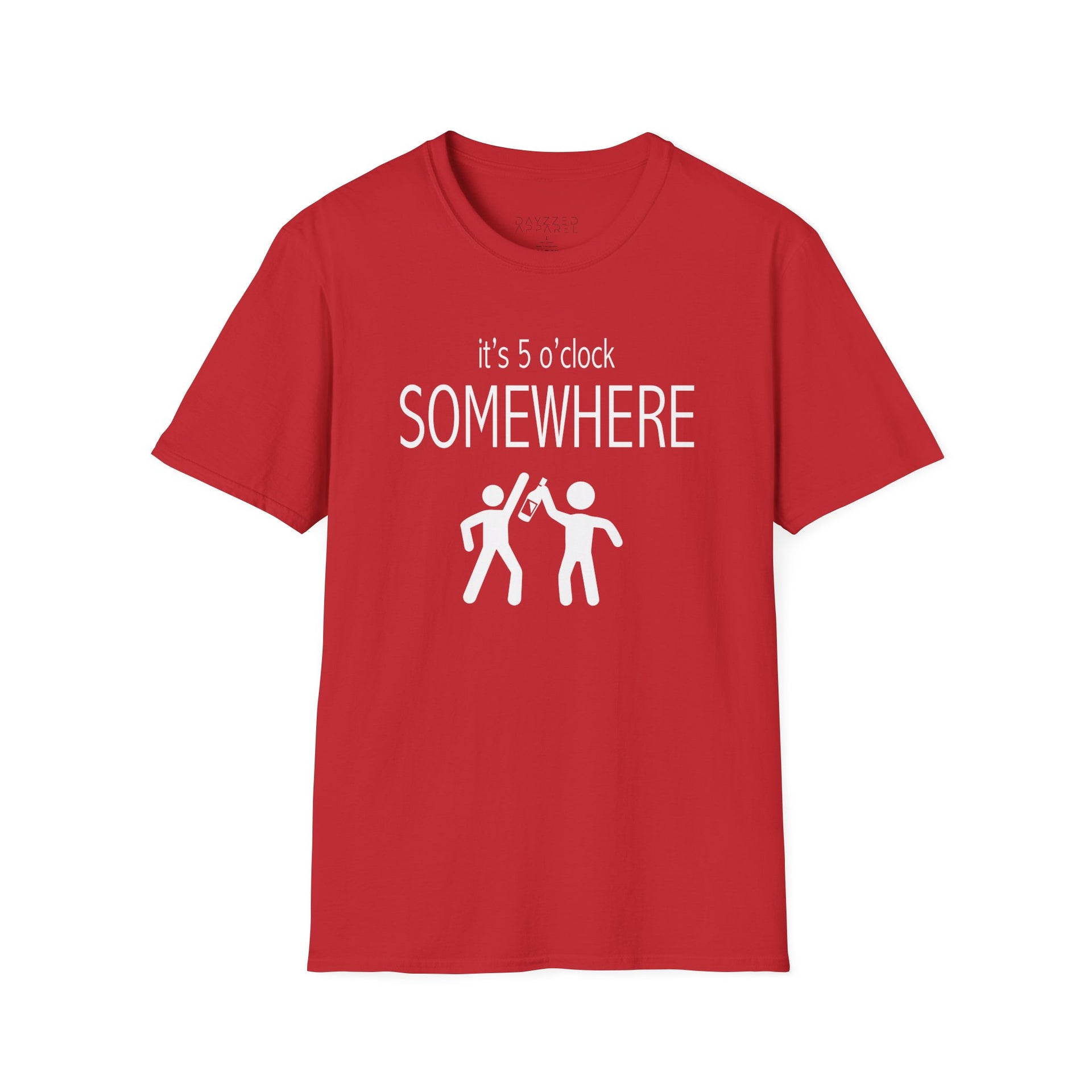 a red t-shirt with 'it's 5 o'clock SOMEWHERE' text funny day drinking, spring break, summer acation, guys trip or girls trip design
