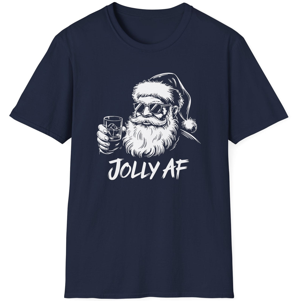 Funny Christmas Humor Short Sleeve Shirt with Santa drinking whiskey and the text "Jolly AF" - Navy Blue
