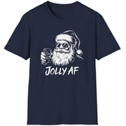 Funny Christmas Humor Short Sleeve Shirt with Santa drinking whiskey and the text "Jolly AF" - Navy Blue