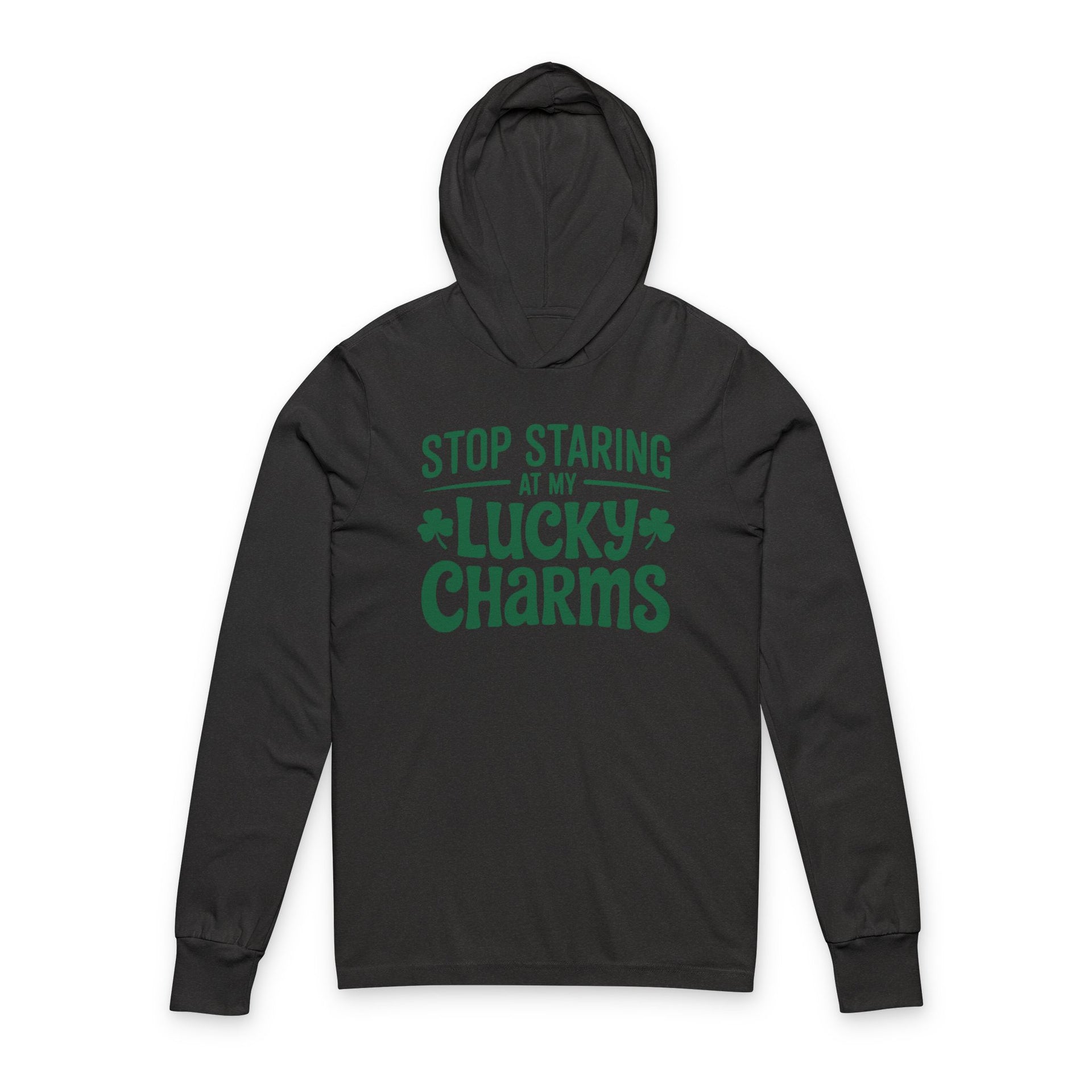 Blue hoodie with 'Stop staring at my lucky charms' text on a white background