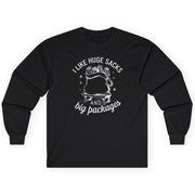 funny christmas black long-sleeve shirt with the phrase i like huge sacks and big packages
