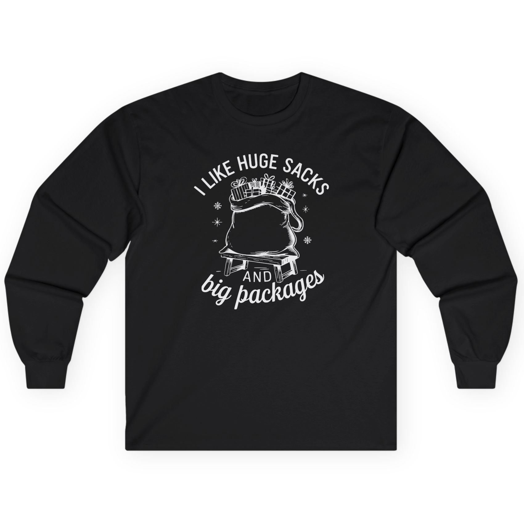 funny christmas black long-sleeve shirt with the phrase i like huge sacks and big packages