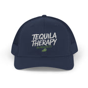 a navy curved bill trucker hat with the phrase 'Tequila Therapy in Progress'  funny Spring Break, Girls Trip, Guys Trip, Beach Trip, SummerVacation bachelor or Bachelorette hat
